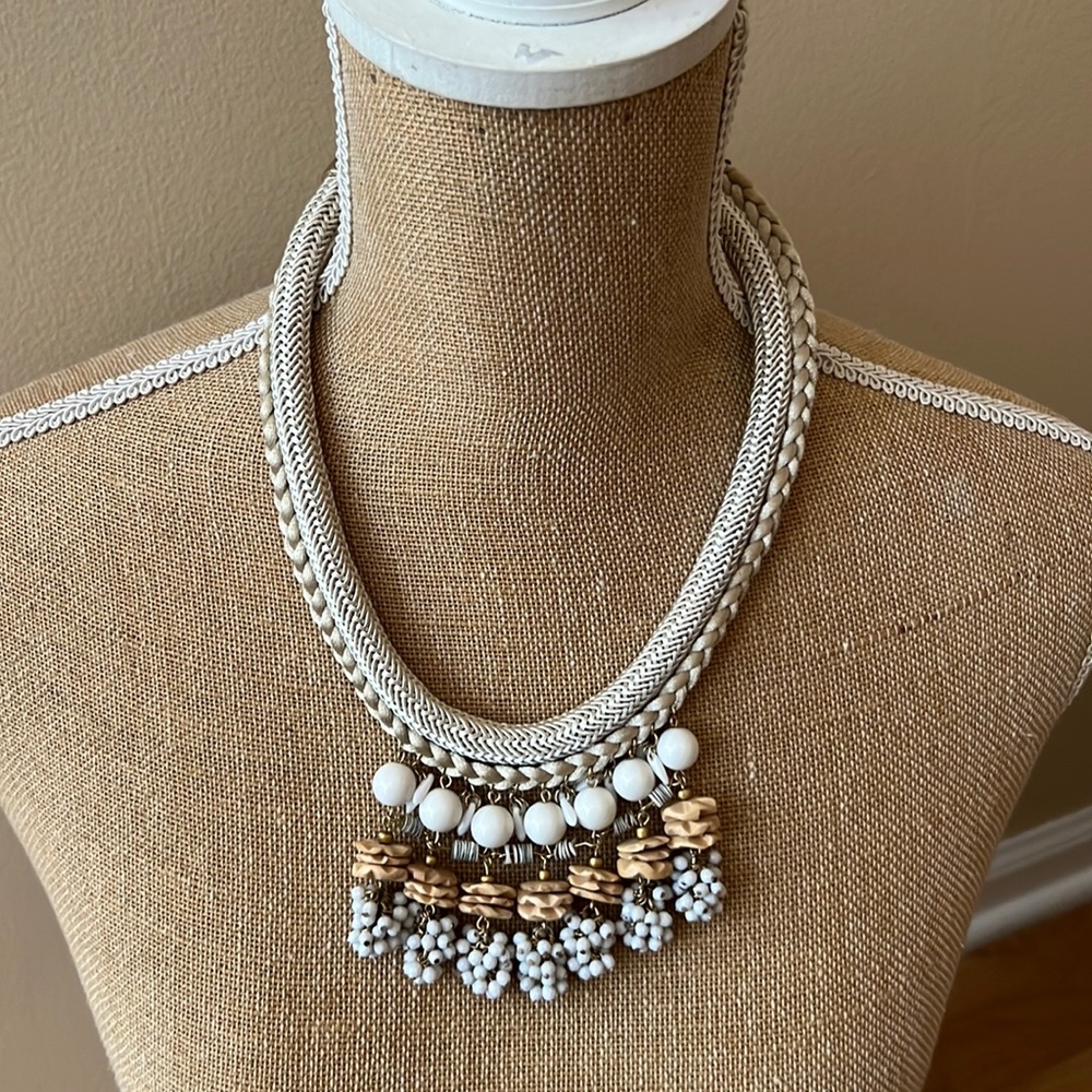 Gold chain  beige rope Costume statement  white and beige beaded necklace..